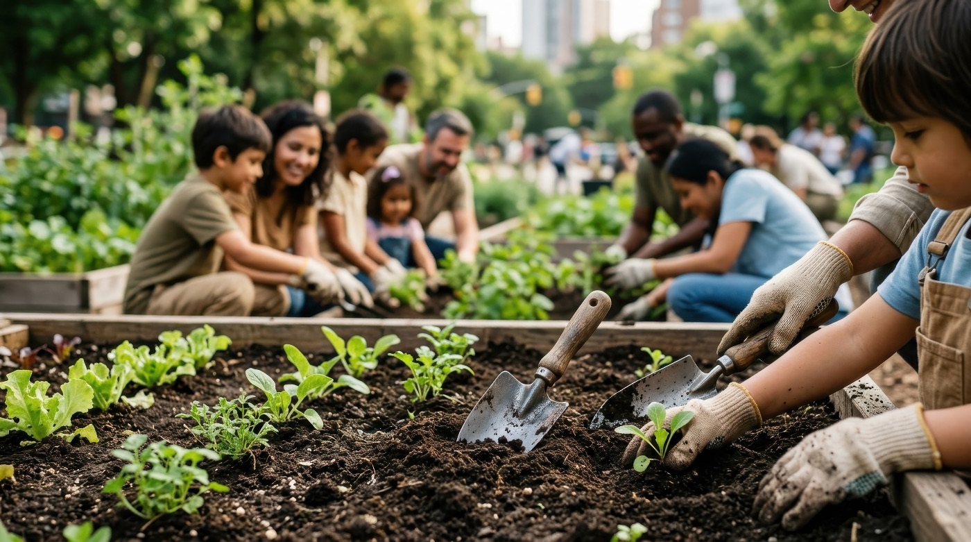 Kinder und Erwachsene im Beet